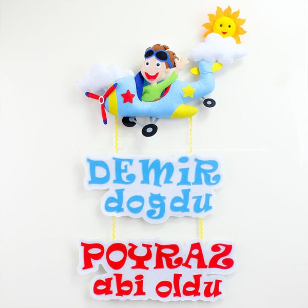 Pilot Uçak Kardeş Erkek Bebek Kapı Süsü