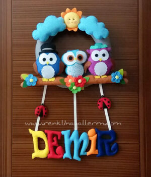 Demir isimli baykuş ailesi erkek bebek kapı süsü - Demir isimli bebek kapı süsü