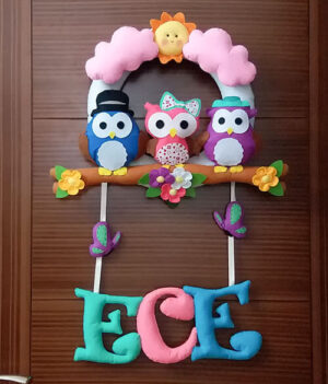 Ece isimli Baykuş Ailesi Kız Bebek Simit Kapı Süsü - Ece isimli kız bebek baykuş kapı süsü
