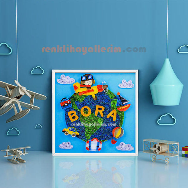 Bora isimli Merhaba dünya quilling bebek odası duvar süsü