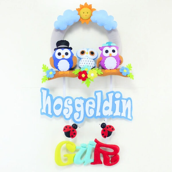Baykuş Ailesi Erkek Bebek Hoşgeldin Kapı Süsü