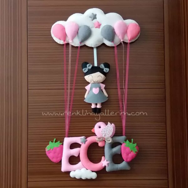 Pembe Gri Çilek Kız Bebek Kapı Süsü Ece