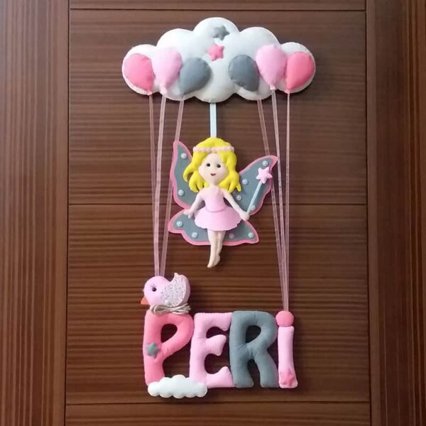 Pembe Gri Peri Kız Bebek Kapı Süsü Peri