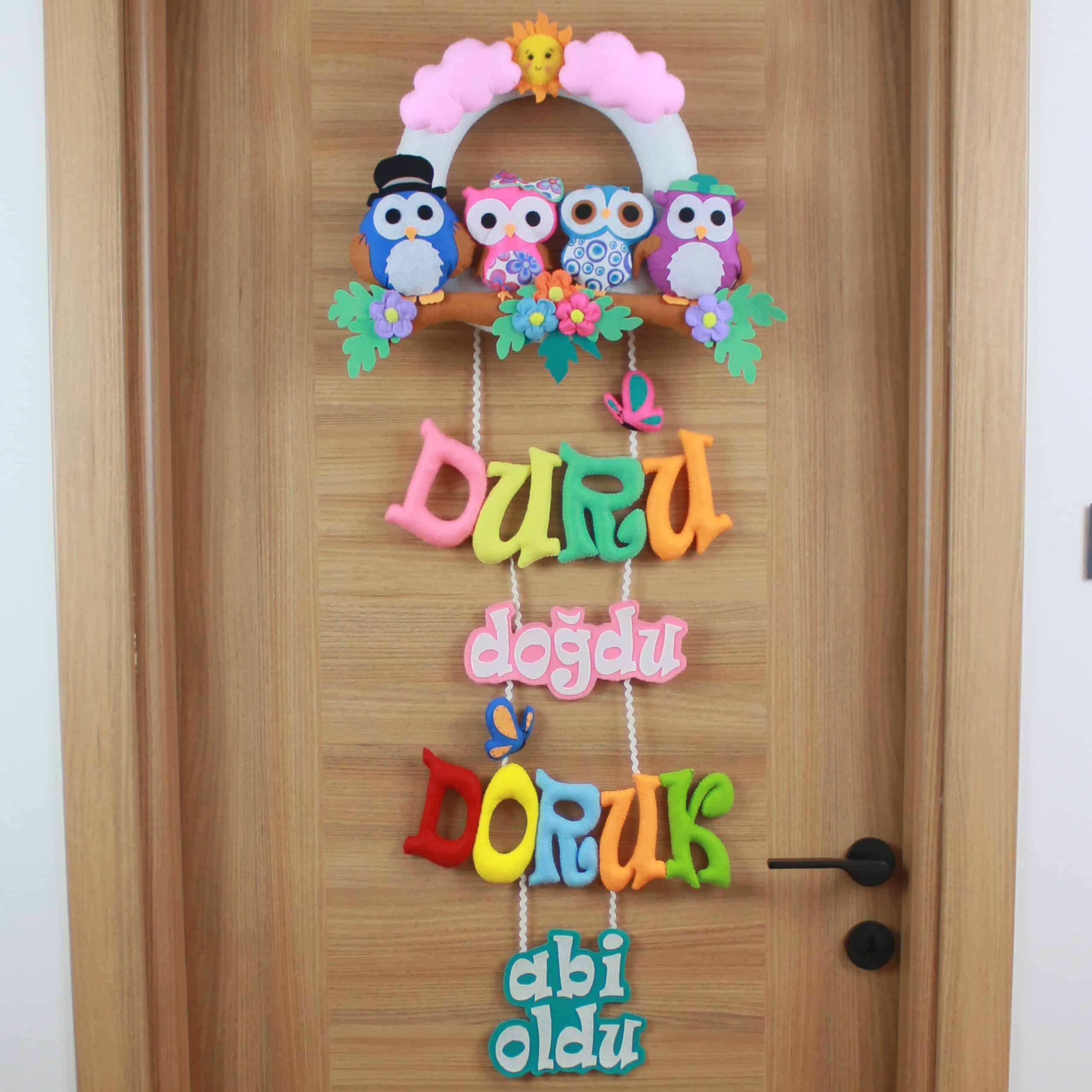 Duru ve doruk isimli baykuş ailesi kardeş bebek çocuk ve hastane odası keçe kapı süsü