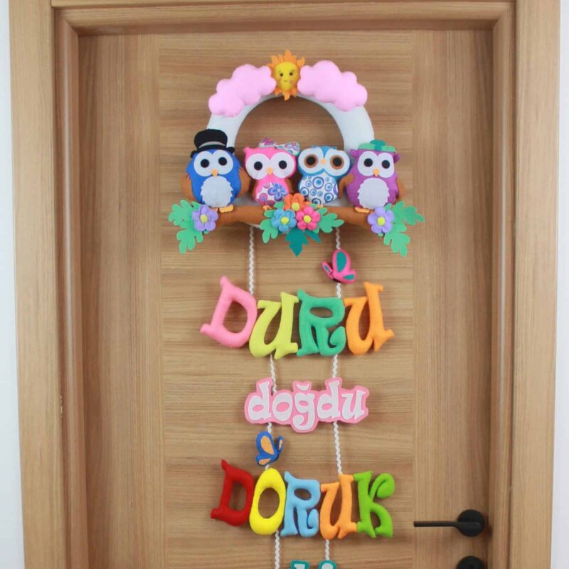 Duru ve doruk isimli baykuş ailesi kardeş bebek çocuk ve hastane odası keçe kapı süsü