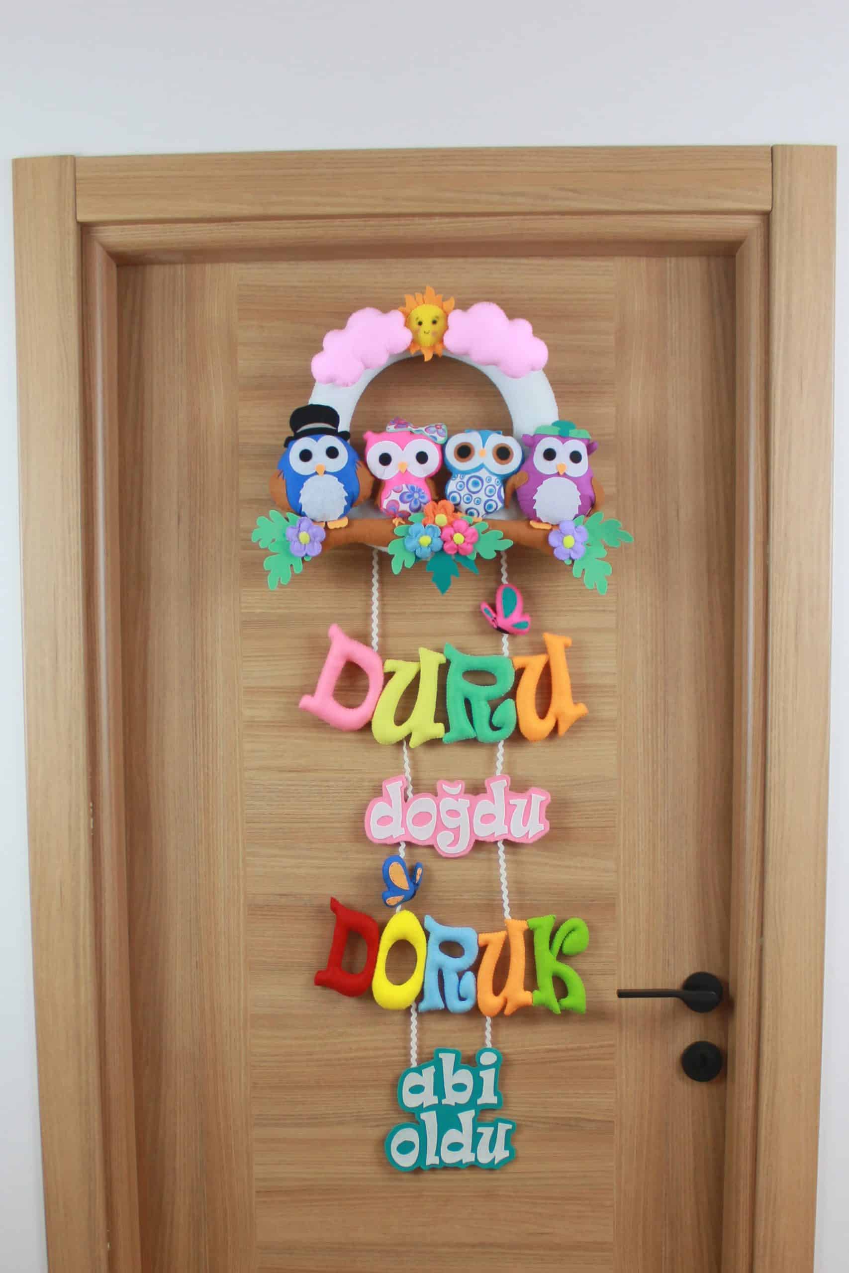 Duru ve doruk isimli baykuş ailesi kardeş bebek çocuk ve hastane odası keçe kapı süsü