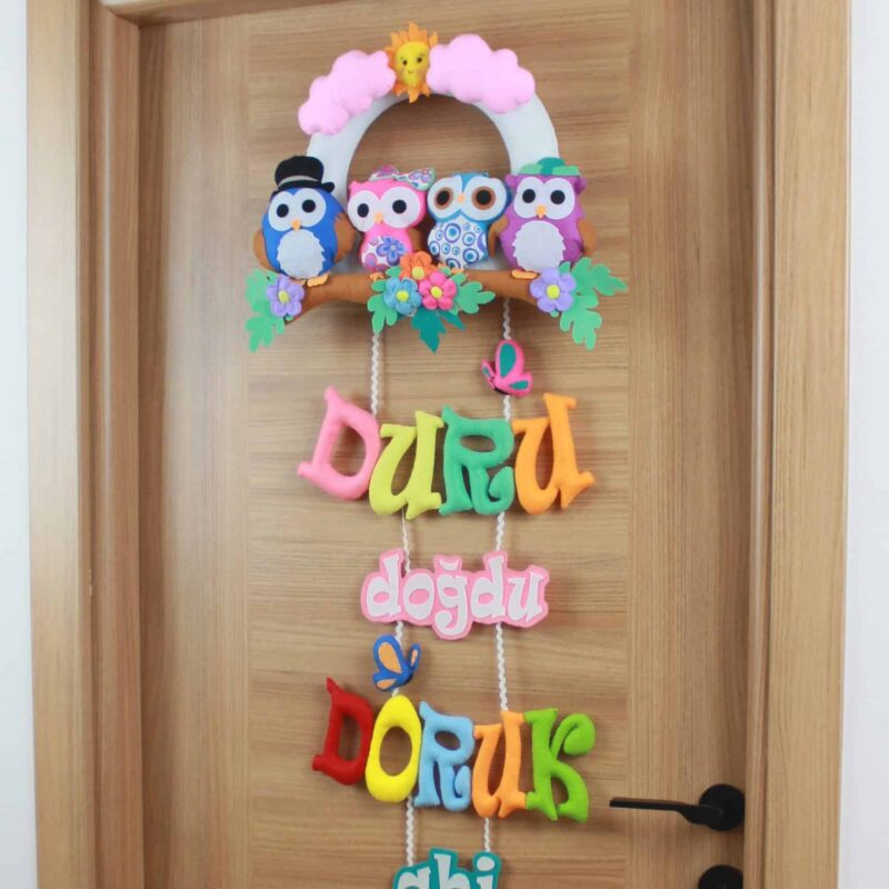 Duru ve doruk isimli baykuş ailesi kardeş bebek çocuk ve hastane odası keçe kapı süsü