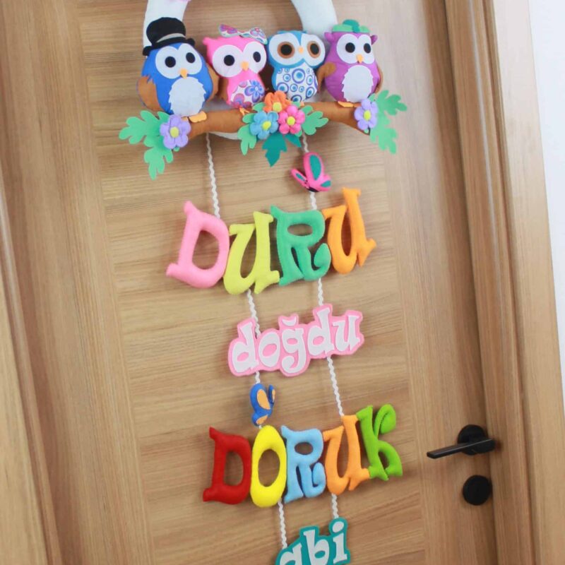 Duru ve doruk isimli baykuş ailesi kardeş bebek çocuk ve hastane odası keçe kapı süsü