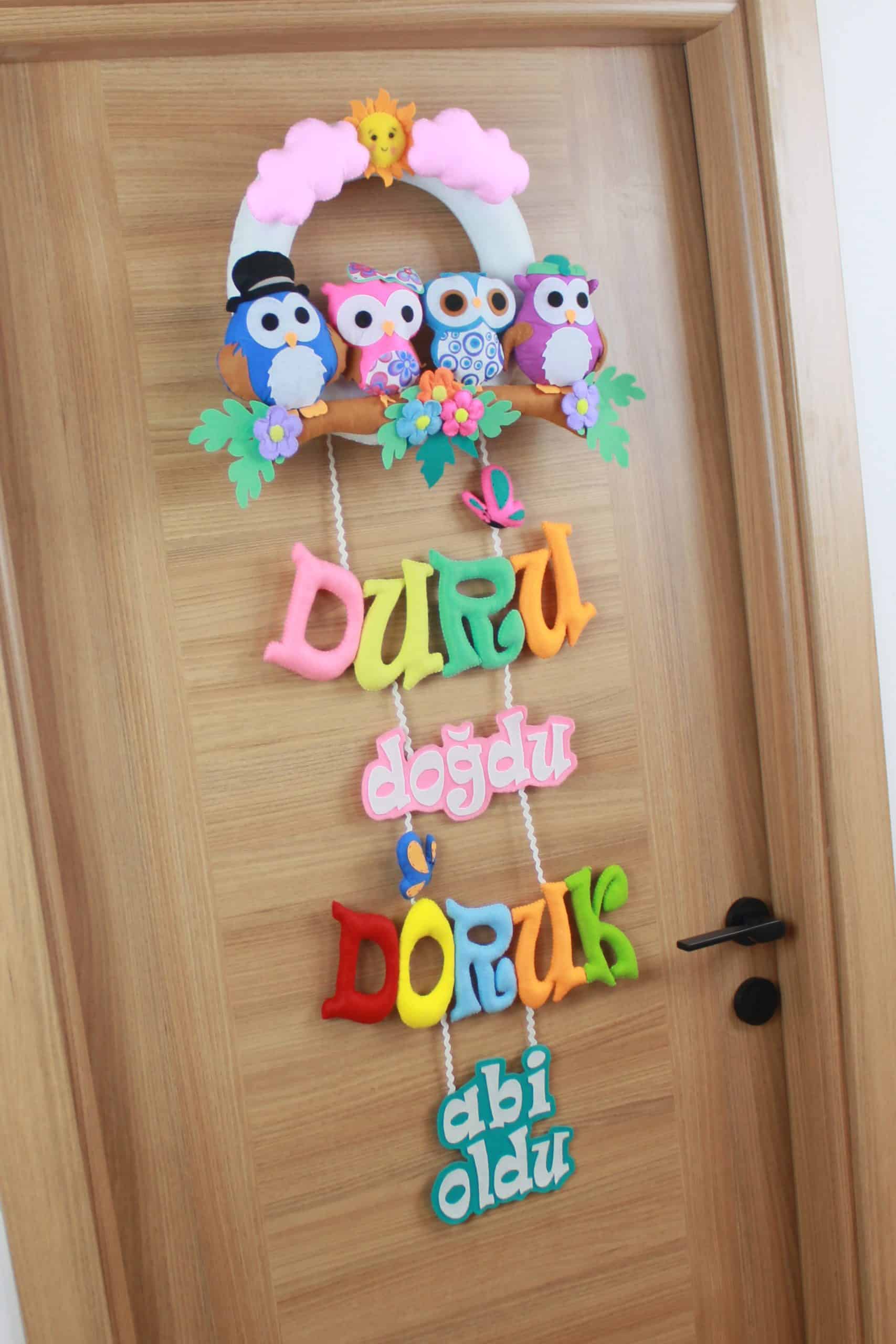 Duru ve doruk isimli baykuş ailesi kardeş bebek çocuk ve hastane odası keçe kapı süsü