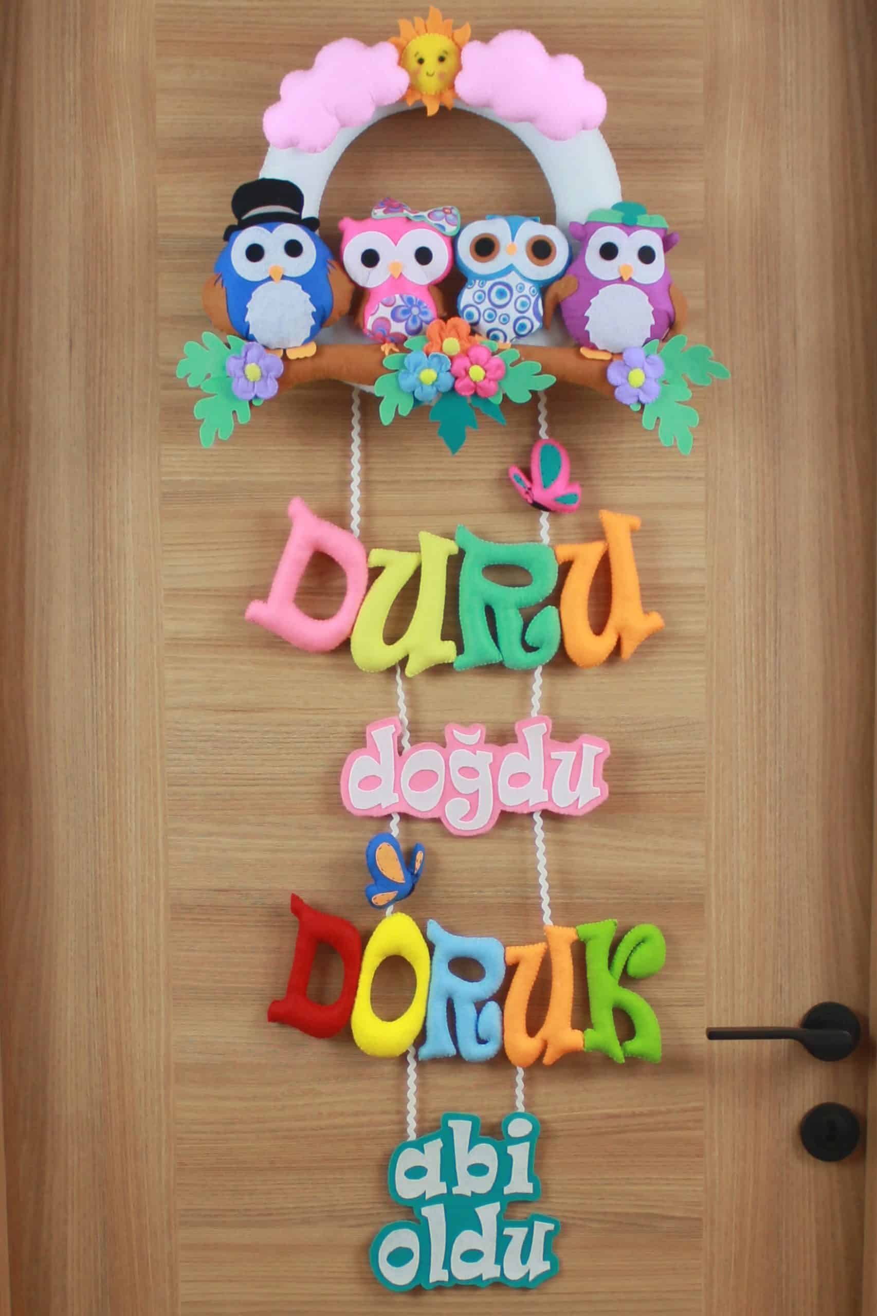Duru ve doruk isimli baykuş ailesi kardeş bebek çocuk ve hastane odası keçe kapı süsü