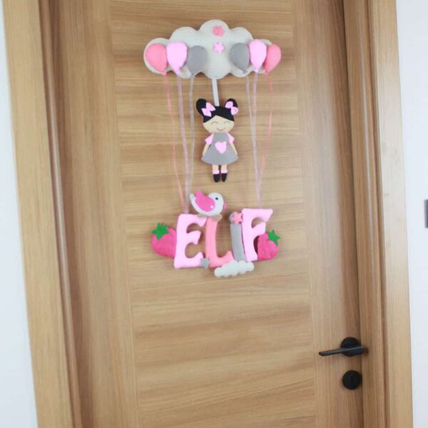 Elif isimli Pembe Gri Çilek Kapı Süsü