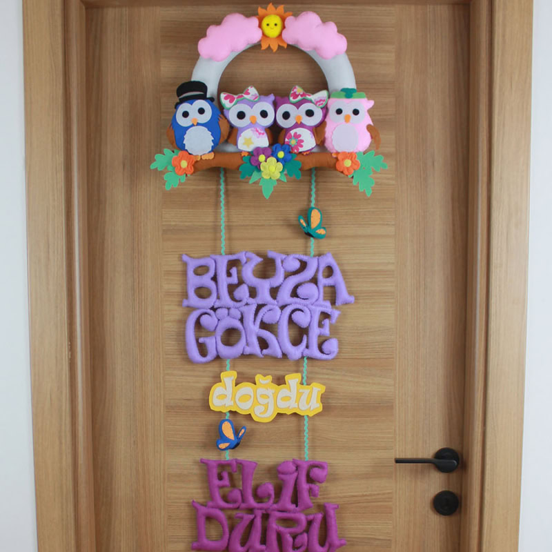 Beyza Gökçe Elif Duru isimli baykuş kardeş keçe kapı süsü