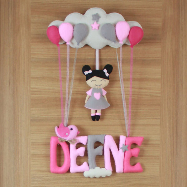 Yakın çekim: Keçe kız figürü ve pembe-gri balon detayları