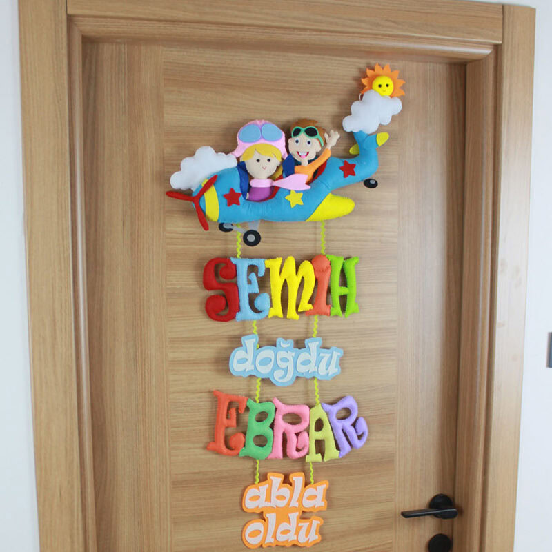 Kardeş odası havacılık temalı kapı süsü, el yapımı keçe dekor