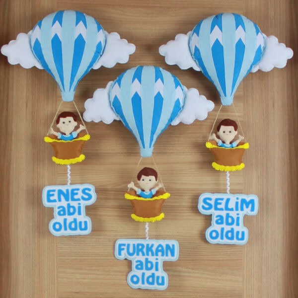 Kişiye özel "Enes Abi Oldu" yazılı keçe balon ve sepet figürü
