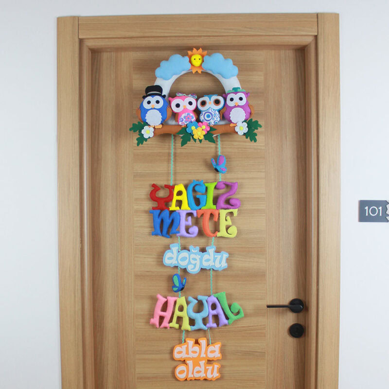 Yağız Mete doğdu Hayal abla oldu yazılı baykuşlu kardeş kapı süsü