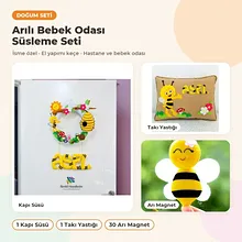 Arılı Bebek Odası Süsleme Seti: kapı süsü, takı yastığı ve hediyelikler bir arada