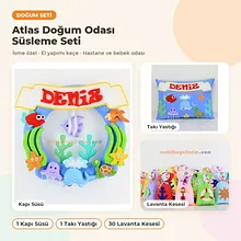 Atlas Doğum Odası Süsleme Seti: kapı süsü, takı yastığı ve hediyelikler bir arada