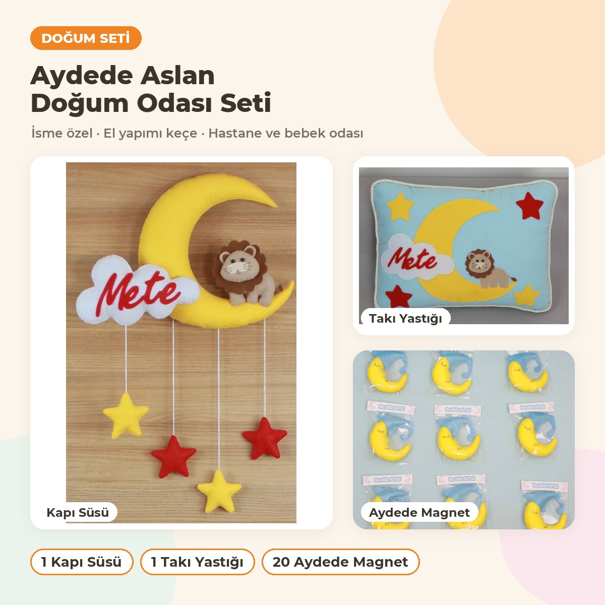 Aydede Aslan Doğum Odası Süsleme Seti: kapı süsü, yastık ve hediyelikler bir arada