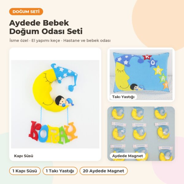 Aydede Bebek Doğum Odası Süsleme Seti: kapı süsü, yastık ve hediyelikler bir arada