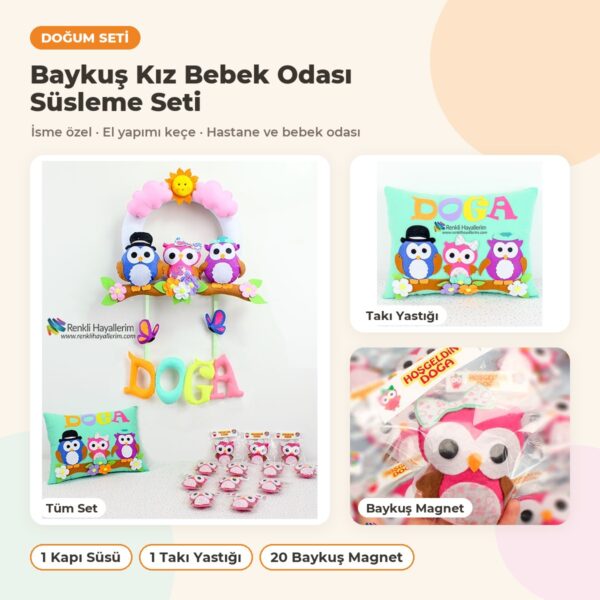Baykuş Kız Bebek Odası Süsleme Seti: kapı süsü, takı yastığı ve hediyelikler bir arada