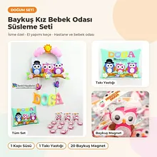 Baykuş Kız Bebek Odası Süsleme Seti: kapı süsü, takı yastığı ve hediyelikler bir arada