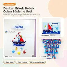 Denizci Erkek Bebek Odası Süsleme Seti: kapı süsü, takı yastığı ve hediyelikler bir arada