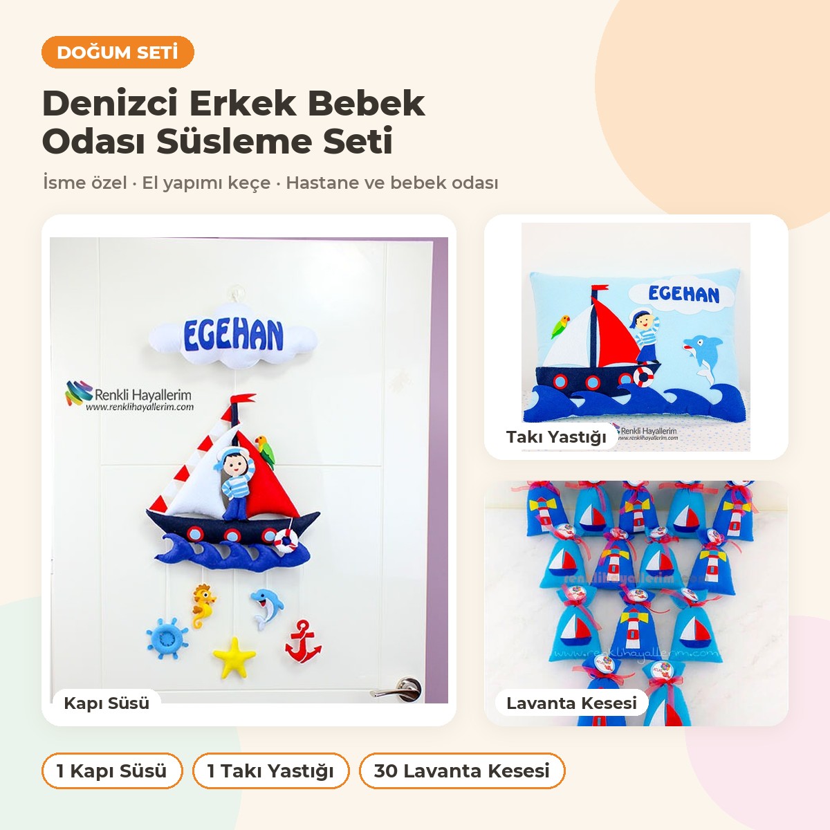 Denizci Erkek Bebek Odası Süsleme Seti: kapı süsü, takı yastığı ve hediyelikler bir arada