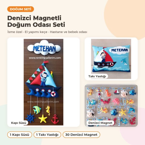 Denizci Magnetli Doğum Odası Süsleme Seti: kapı süsü, yastık ve hediyelikler bir arada