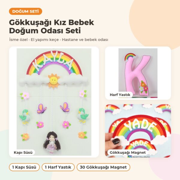 Gökkuşağı Kız Bebek Doğum Odası Süsleme Seti: kapı süsü, yastık ve hediyelikler bir arada