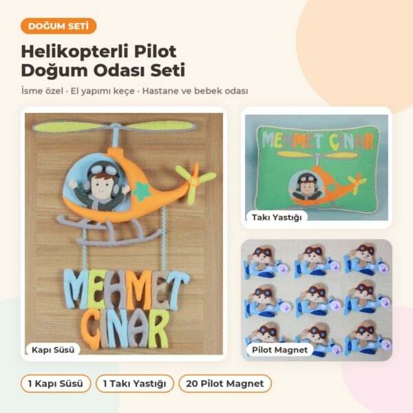 Helikopterli Pilot Doğum Odası Süsleme Seti: kapı süsü, yastık ve hediyelikler bir arada