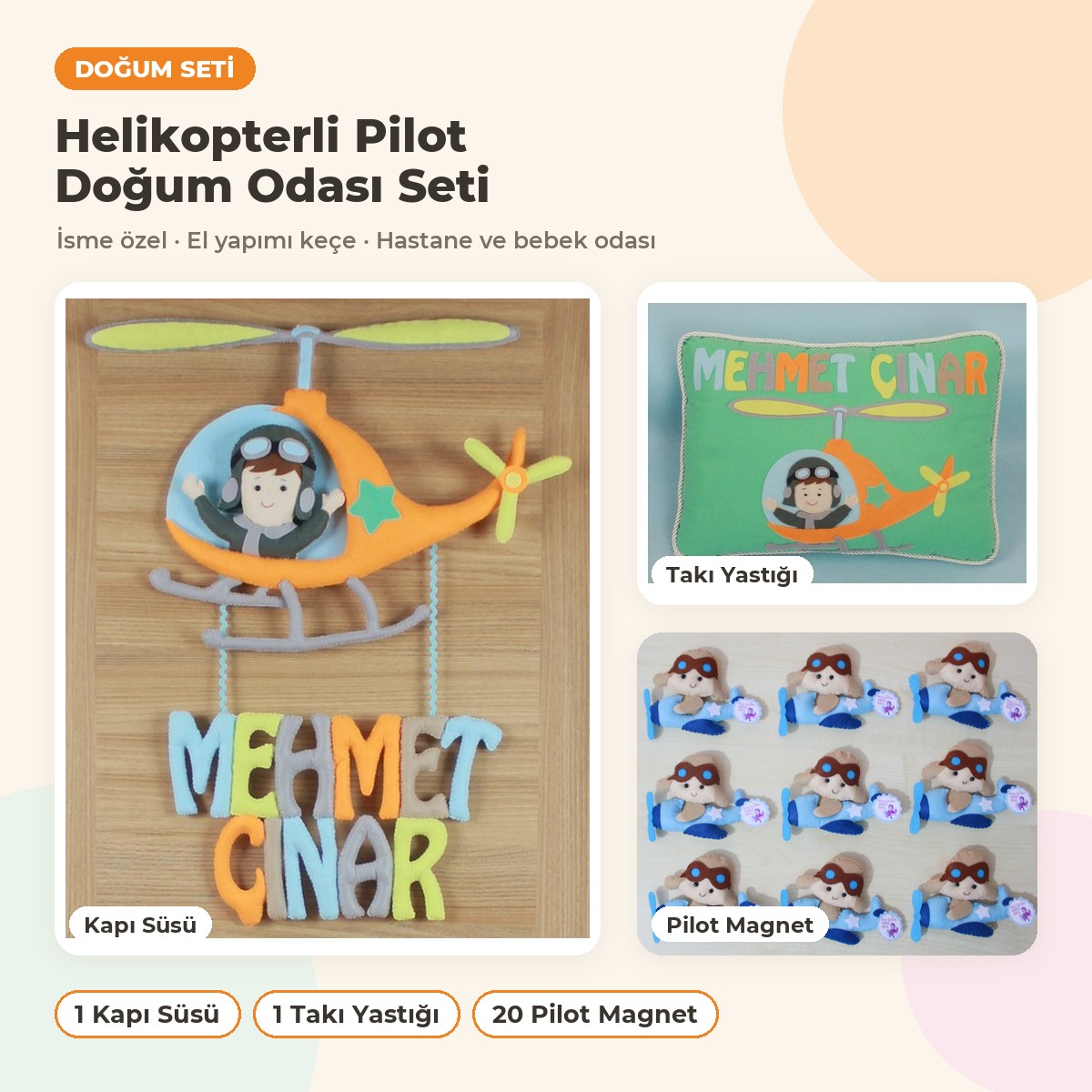 Helikopterli Pilot Doğum Odası Süsleme Seti: kapı süsü, yastık ve hediyelikler bir arada