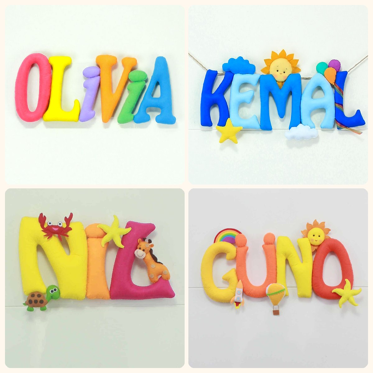 İsimlik kapı süsü – renkli keçe harfli isimlik örnekleri: OLIVIA, KEMAL, NİL, GÜNO