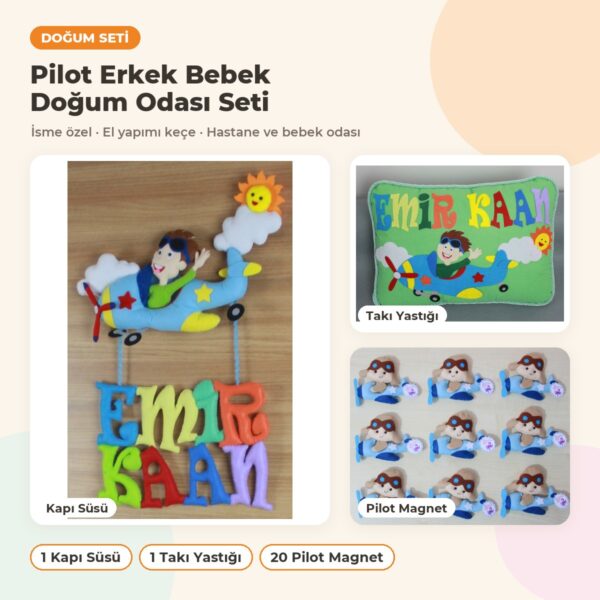 Pilot Erkek Bebek Doğum Odası Süsleme Seti: kapı süsü, yastık ve hediyelikler bir arada