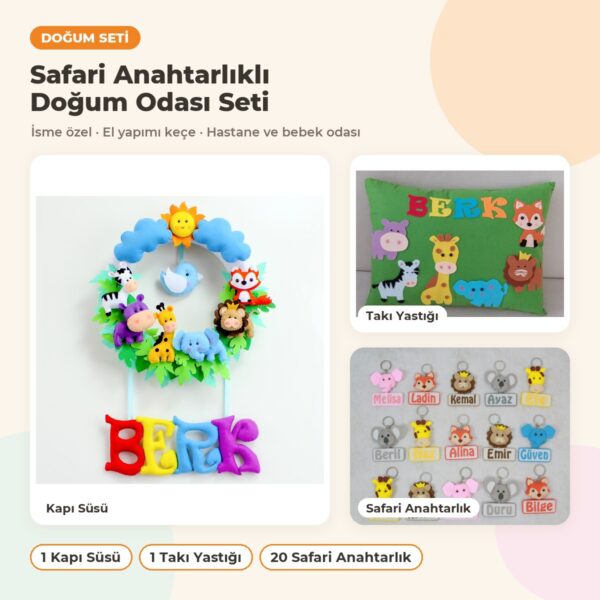 Safari Anahtarlıklı Doğum Odası Süsleme Seti: kapı süsü, yastık ve hediyelikler bir arada