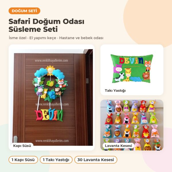 Safari Doğum Odası Süsleme Seti: kapı süsü, takı yastığı ve hediyelikler bir arada