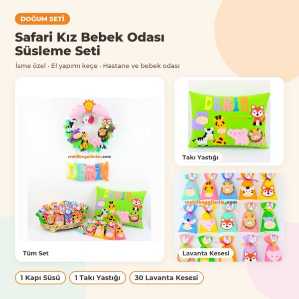 Safari Doğum Kız Bebek Odası Süsleme Seti: kapı süsü, takı yastığı ve hediyelikler bir arada