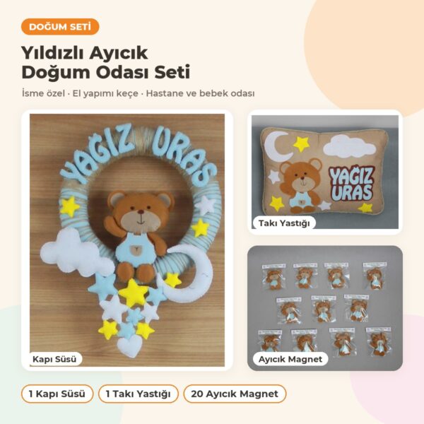Yıldızlı Ayıcık Doğum Odası Süsleme Seti: kapı süsü, yastık ve hediyelikler bir arada